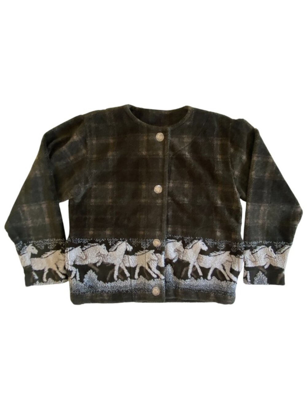 Vintage Muskoka Lakes Plaid Horse Fleece Button Jacket Cardigan Olive Green SZ M